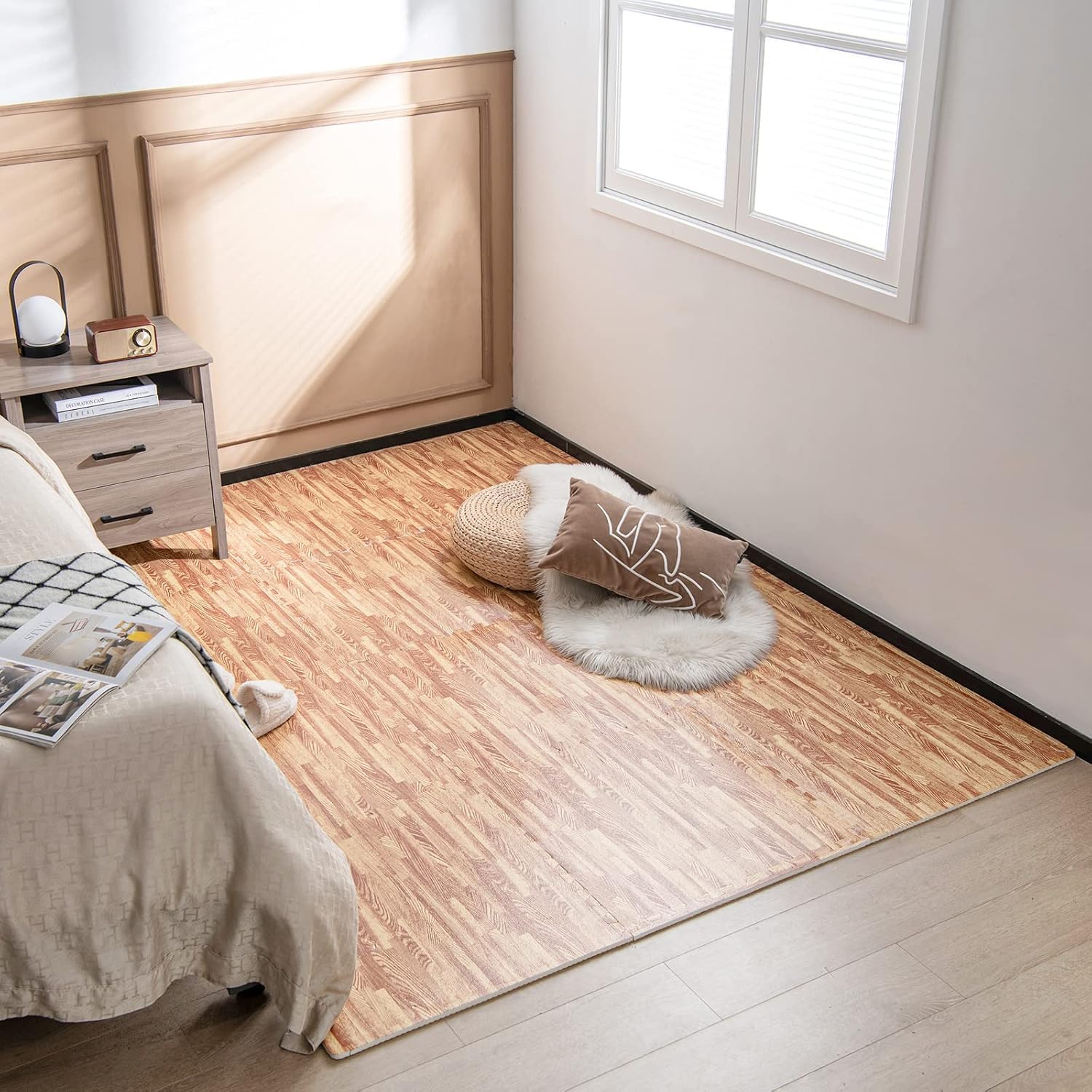 GOPLUS Tapis de Protection Fitness Puzzle en Mousse EVA, Tapis de Sport de Sol 12 Dalles Effect Bois, 61x61CM, Tapis Matelas Épais Antidérapant Couvre 4,5m² pour Gym, Salle de Sport, Garage, Piscine