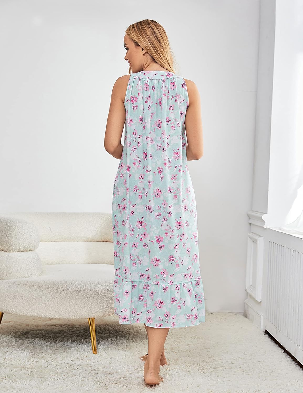 IZZY + TOBY Cotton Nightgowns for Women Sleeveless Kintted Soft Ladies Nightgown Night Gown Long Nighties