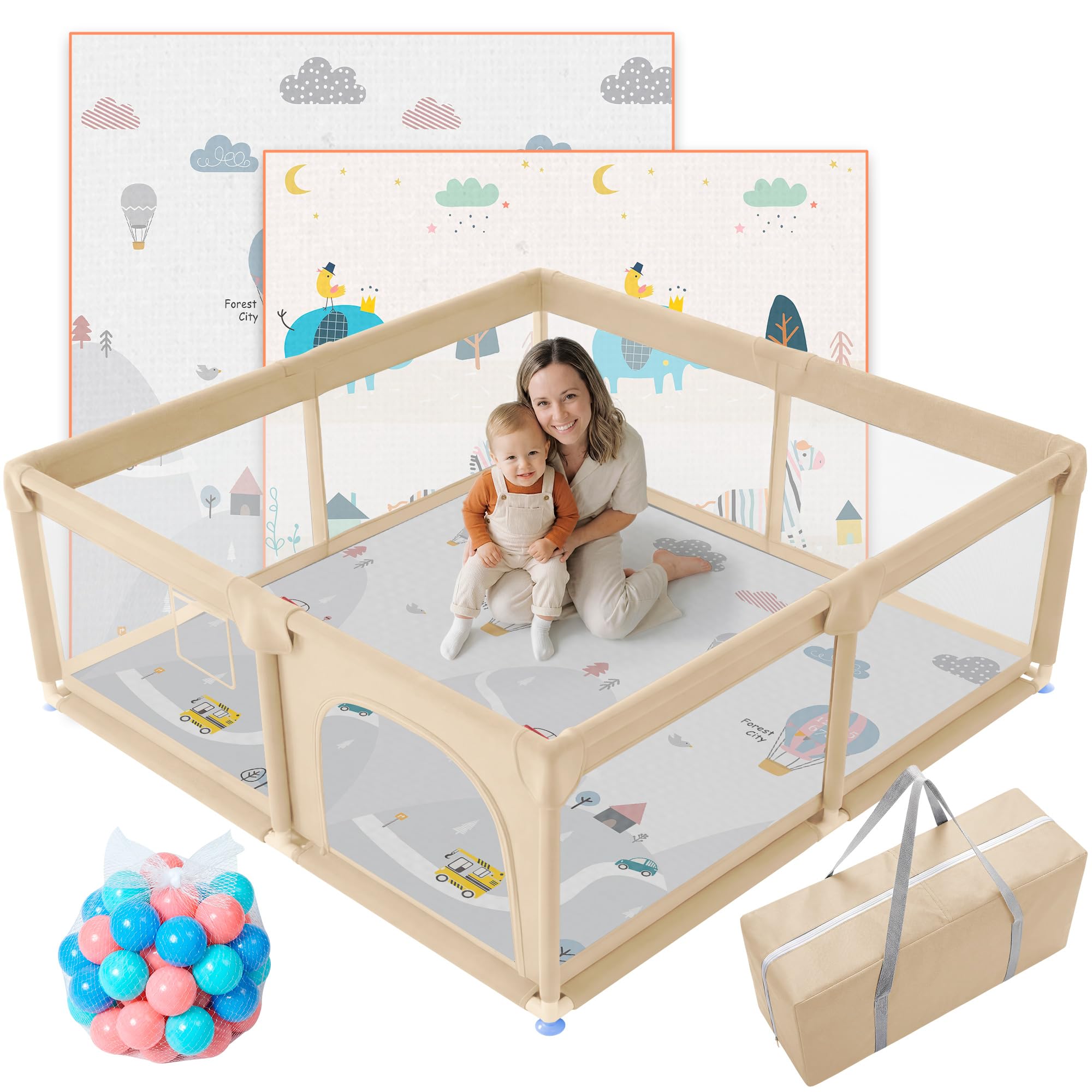 JUPPLIES Parc Bébé Sécurisé 120×120 cm – Aire de Jeu Carrée pour Enfant 6-24 mois, Filet Respirant 360°, Structure Stable Antidérapante (Beige avec tapis + balles)