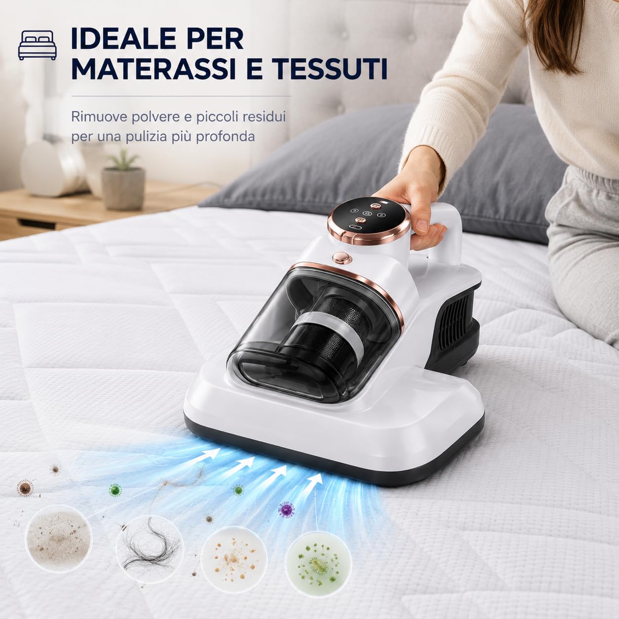Aspirapolvere per Materassi e Tessuti, Aspiratore Portatile con Contenitore Trasparente e Filtro, Pulitore Compatto per Letto, Divano, Cuscini e Tessuti, Design Ergonomico