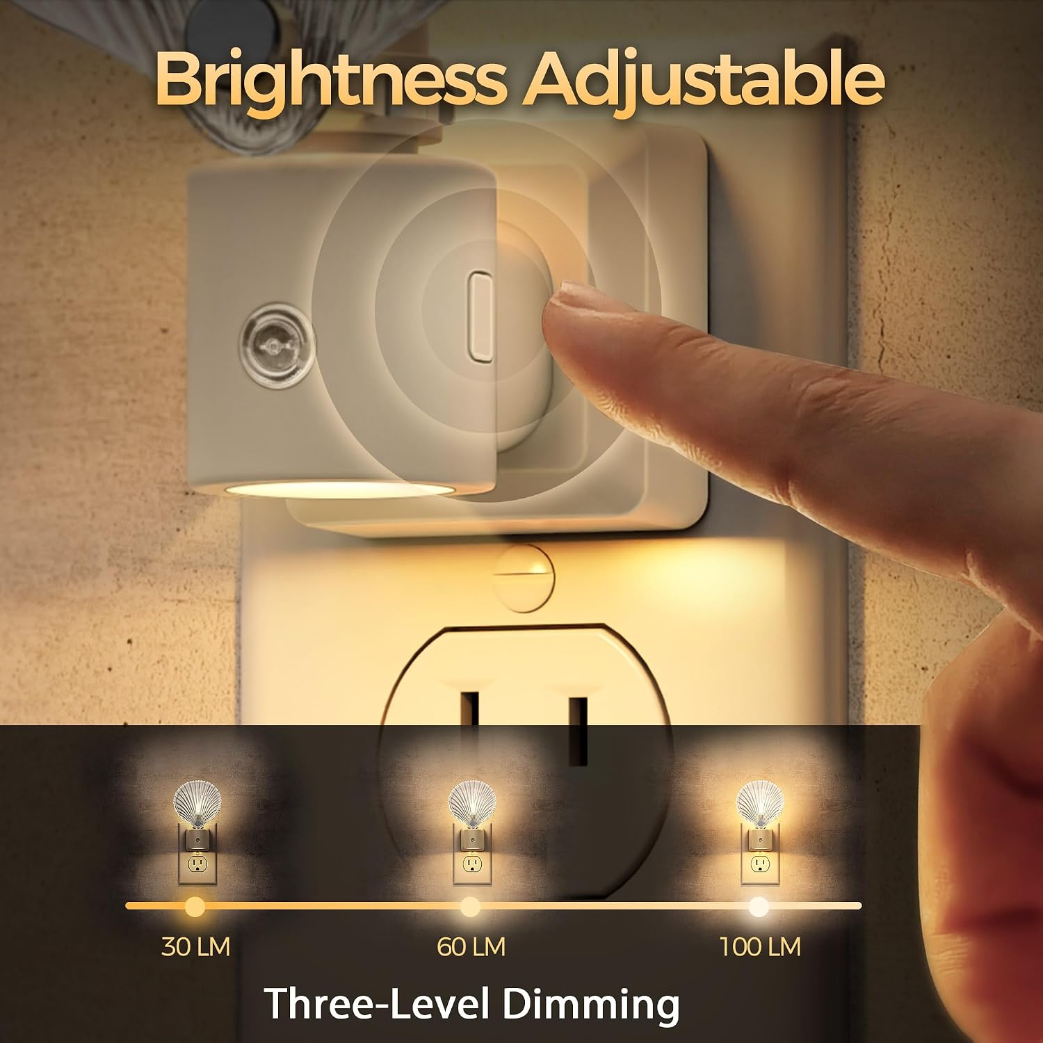 DORESshop LED Night Light[2 Pack], Glass Shell Night Lights Plug into Wall, 3 Level Brightness Adjustable Plug in NightLight with 360° Rotatable, Dusk to Dawn Sensor Nightlights for Bedroom, 3000K