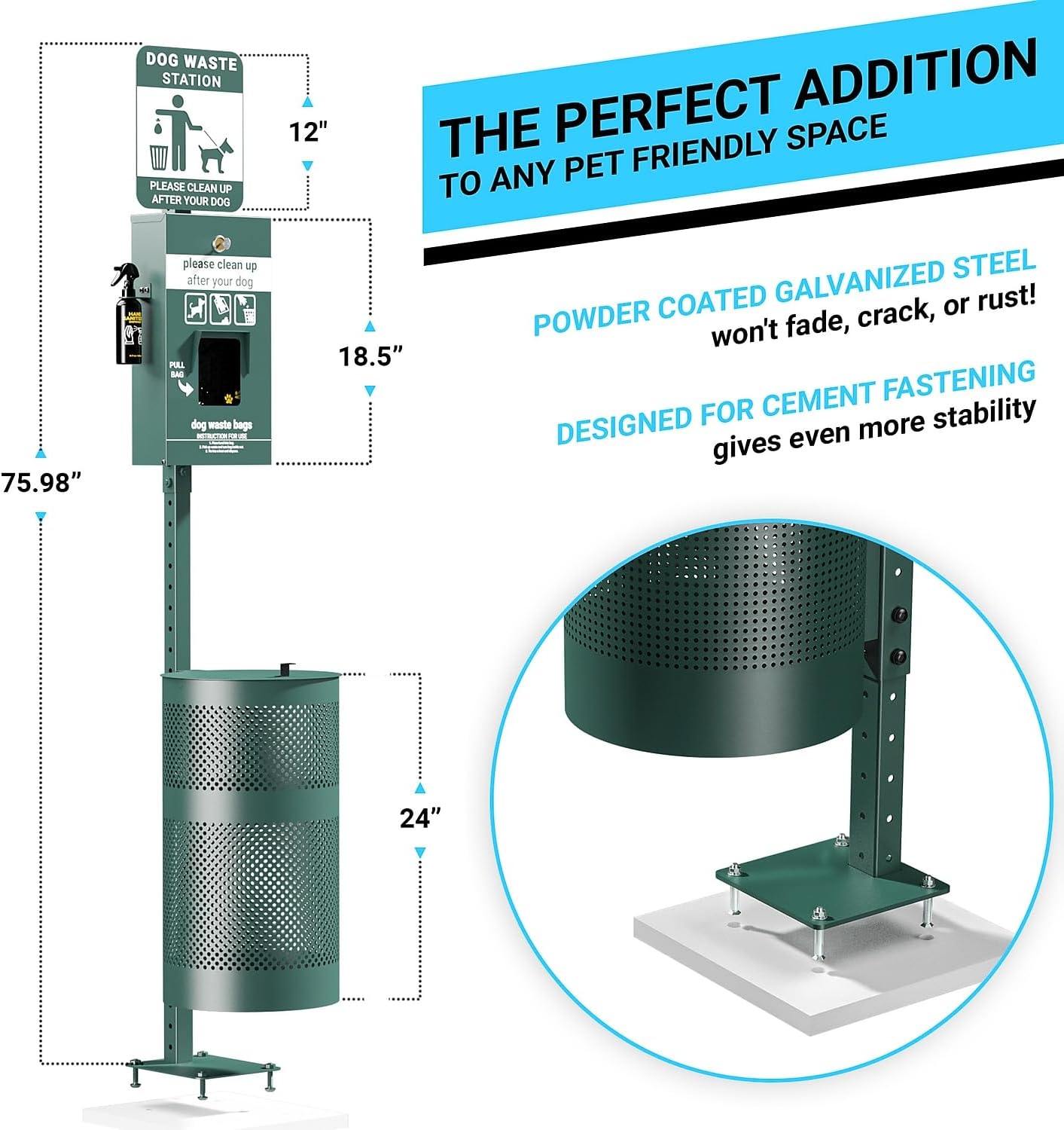 Flash Furniture Kessler Pet Waste Station with Glow in the Dark Sign, Bag Dispenser, Sanitizer Bottle, Trash Can - Includes 400 Pull Out Bags & 50 Can Liners, Green