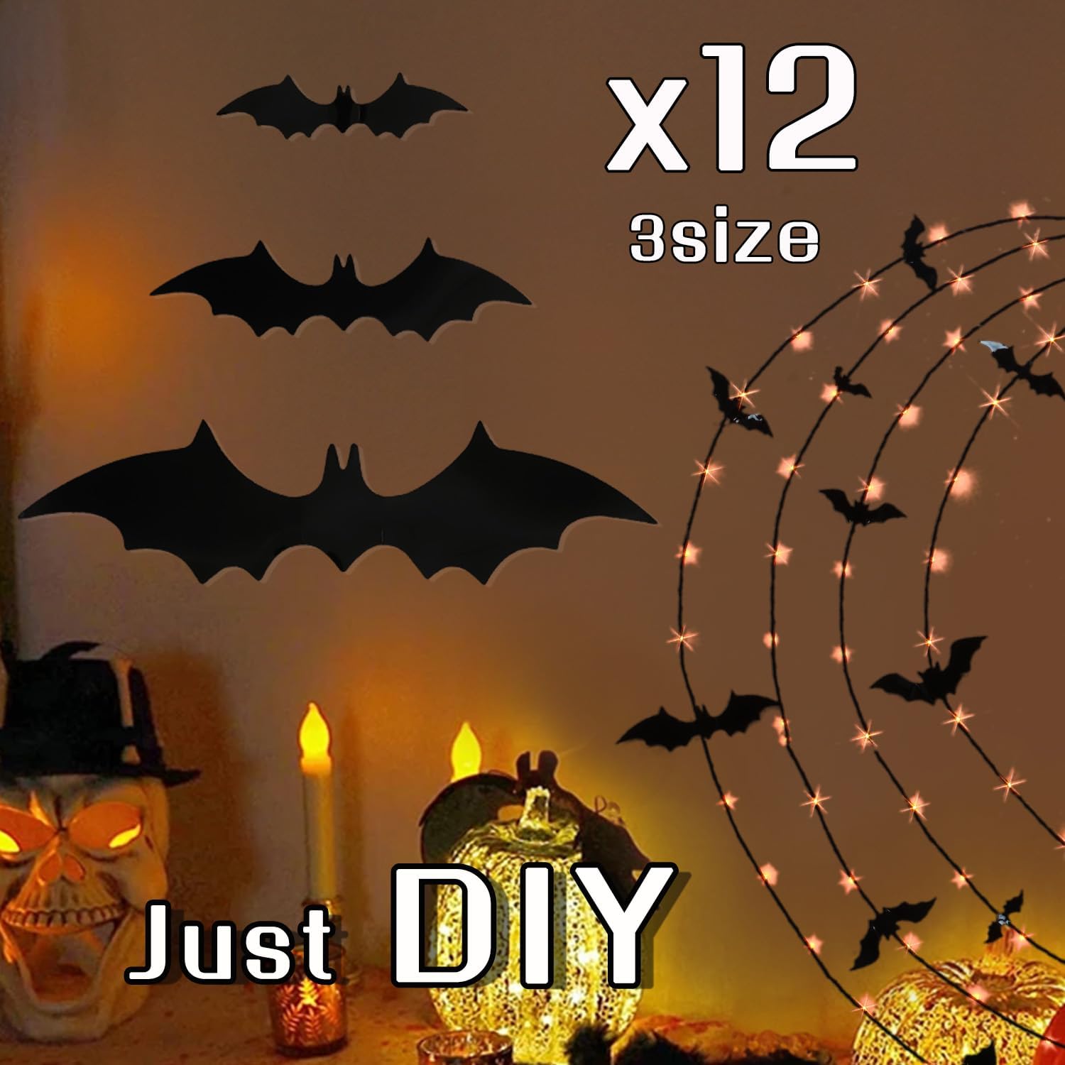 Fudios Lighted Halloween Garland for Wall Decoration Black Garland Lights with Timer Orange or Warm White 80 LED 6 ft Battery Operated Bat Decor 10 Functions