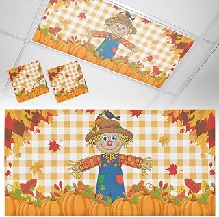 Fluorescent Light Covers, Fall Pumpkins Magnetic Light Covers for Ceiling Lights, Straw Man Thanksgiving Leaves Orange Check Fluorescent Ceiling Shade Filters for Classroom Bedroom Office 4x2Ft x 2PCS