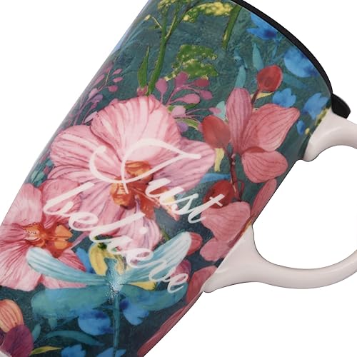 Miniatura 6 de Taza de café de cerámica Topadorn de 17 onzas, taza alta de cerámica con tapa y caja de color, perfecta para café y té, solo cree