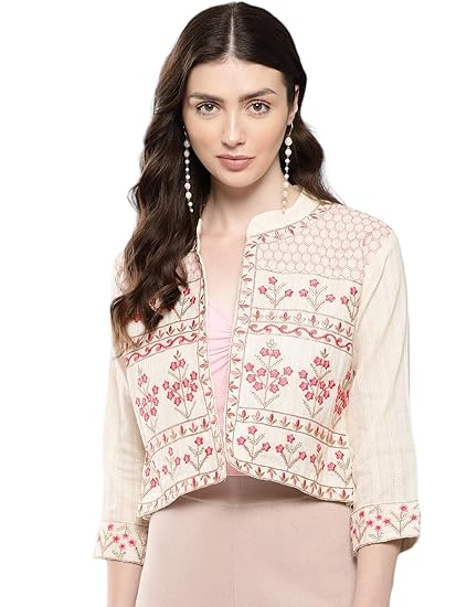 Womens Ethnic Wear Cream Colour Zari Thread Embroidery Cotton Ethnic Jacket