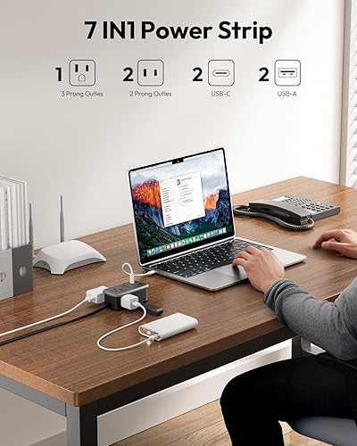 Miniatura 3 de NTONPOWER GAN Ultra - Estación de carga rápida USB de 65 W, regleta de alimentación de viaje 7 en 1 con 3 tomas, 4 USB (2 USB C), cable de extensión