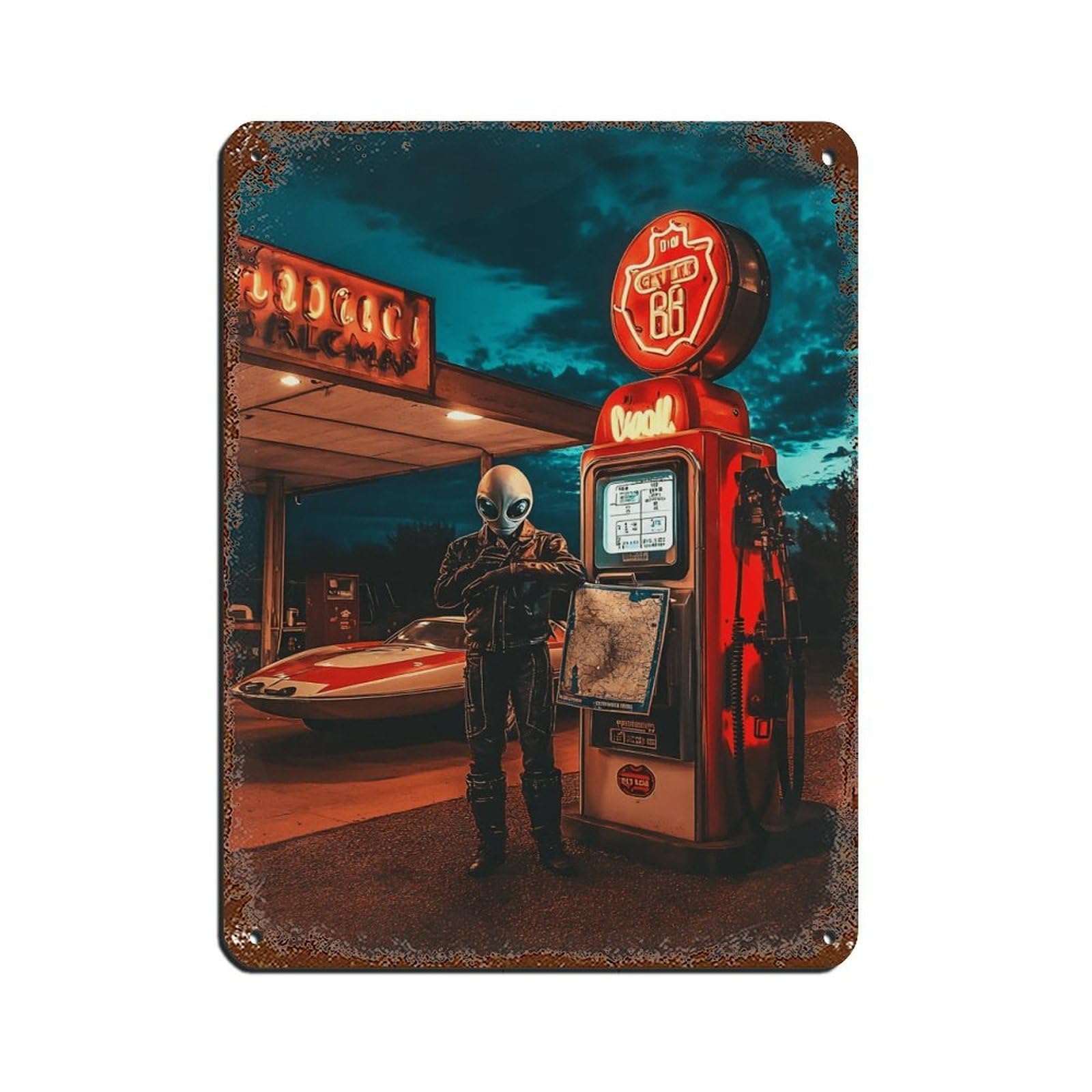Vintage Alien Gas Station, Retro Sci-Fi Poster Tin Sign Vintage Metal Pub Club Cafe Bar Home Wall Art Decoration Poster Retro 12x16inch(30x40cm)
