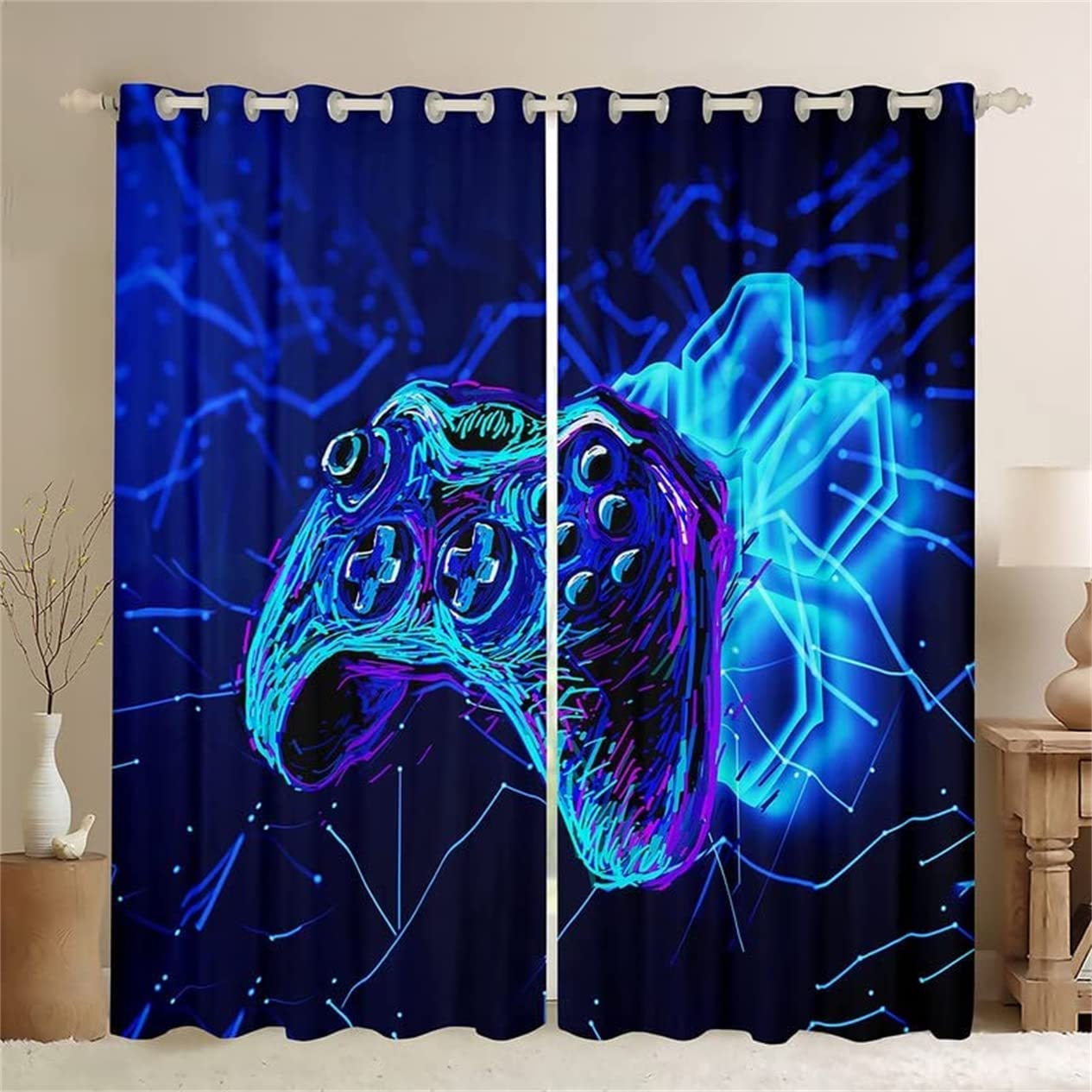 Gamer Gaming Curtain for Boy Bedroom Video Game Curtains for Kids Room Decor Blue Purple Game Controller Gamepad Window Drapes Geometry Honeycomb Window Treatments (2Pc-W29.5'' X L65'',Blue)