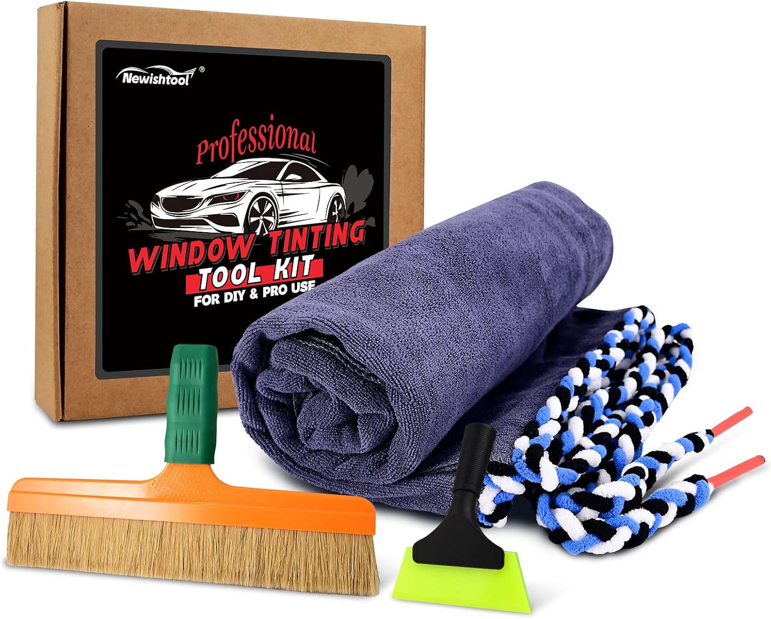 NEWISHTOOL Profi Window Tint Tools Kit Vehicle PPF Tools, 12" Brush Wrap Tool, Dash Towel and Window Tint Squeegee for Automotive Windshield Window Tinting Film PPF Installation Vinyl Wrap Tool Kit