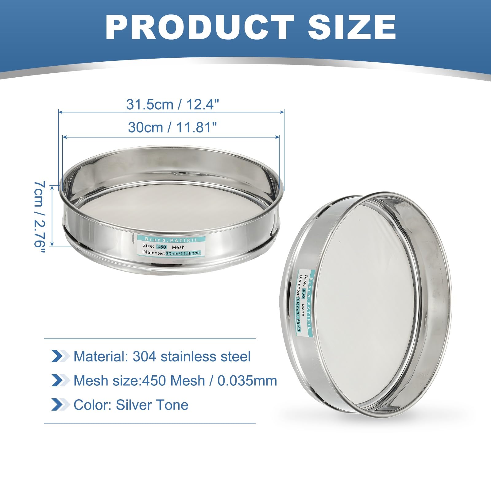 PATIKIL Setaccio Da Laboratorio A Maglia Fine 450 (0.035mm), Diametro 30cm Acciaio Inossidabile 304 Per Setacciatura Industriale Domestica E Da Laboratorio