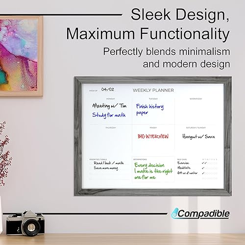 Miniatura 5 de Compadible Planificador semanal de pizarra blanca de borrado en seco (13 x 17 pulgadas), diseño minimalistamoderno, marco de madera de pino macizo,