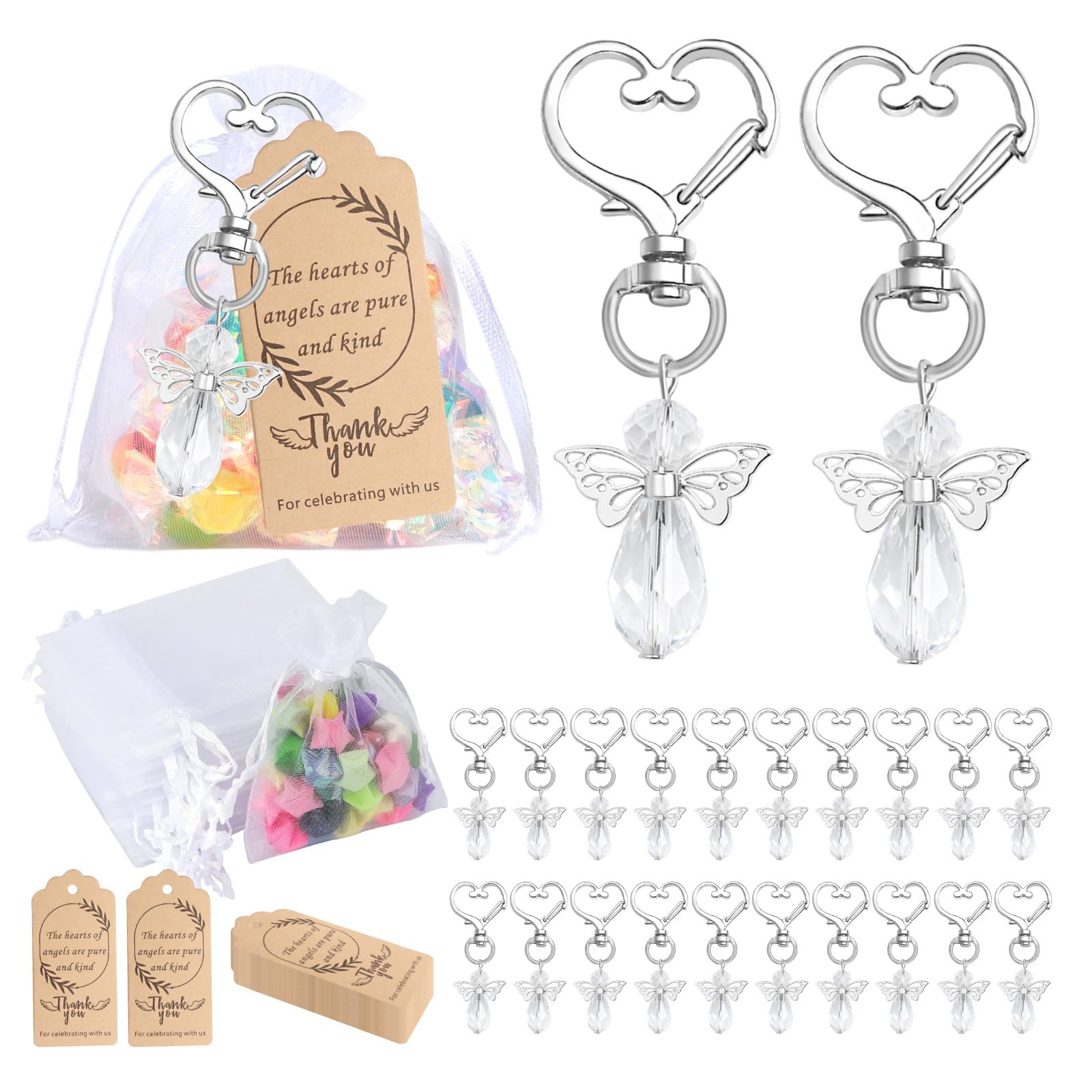 Tsophreniq 30Pcs Wing Charm Keyring Metal Keychain with Drawstring Gauze Bag for Baby Showers Wedding Guest Gifts Bridal Showers Gift