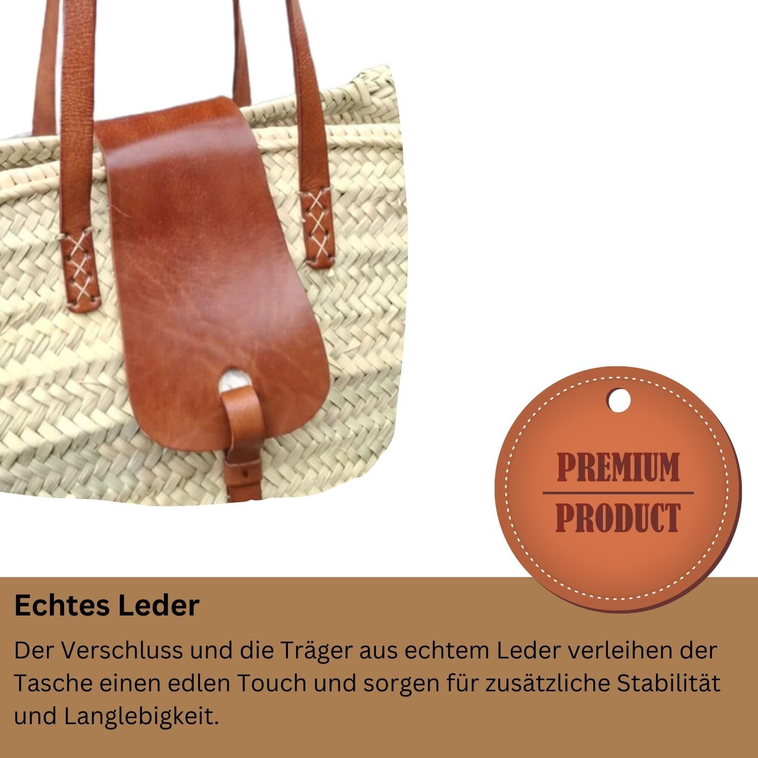 Ibiza Korbtasche Solana modern aus Palmblatt und Leder in Natur 50 cm