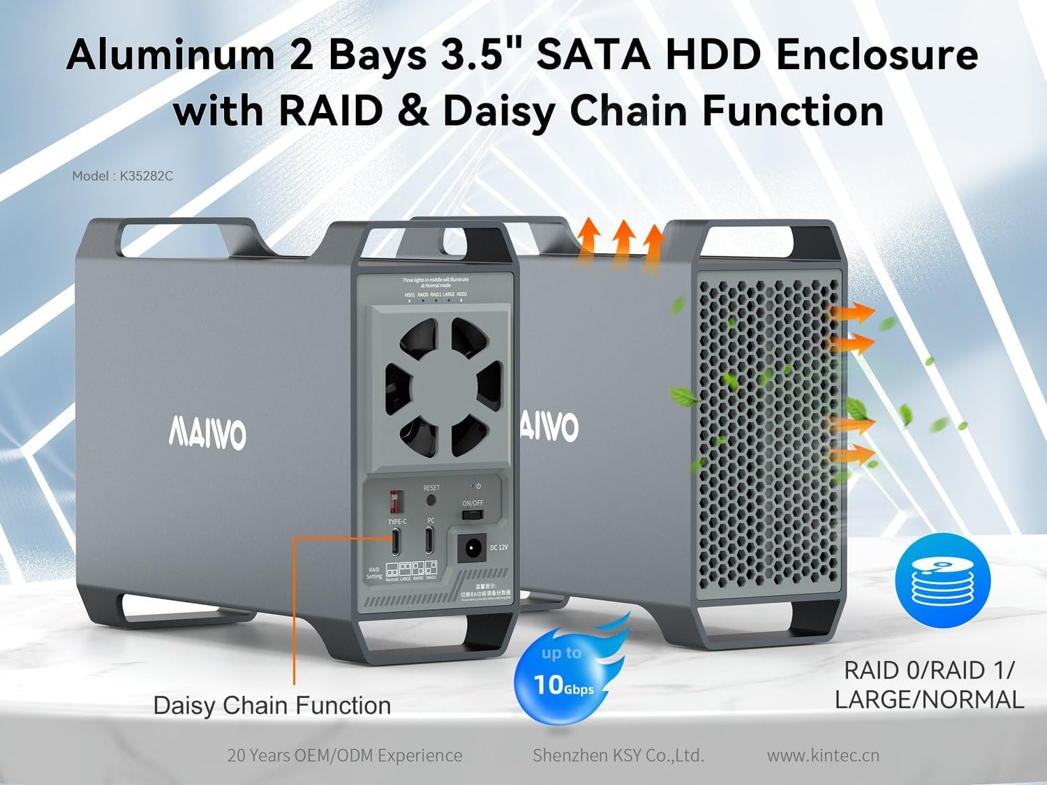 MAIWO K35282C enclosure with two 3.5 inch SATA HDDs installed, showing front and back views with ports and cooling fan.