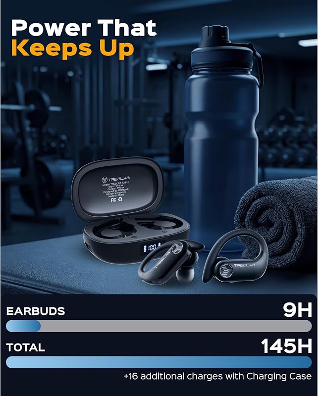 TREBLAB X3-Pro Earbuds Wireless Bluetooth, Earhook IPX5 11H Powerbank | Bluetooth Running Headphones, gaming mode 60ms, wireless charging case, secure earhook, ENC mics, BT 5.4, 9g ultra-light image 5
