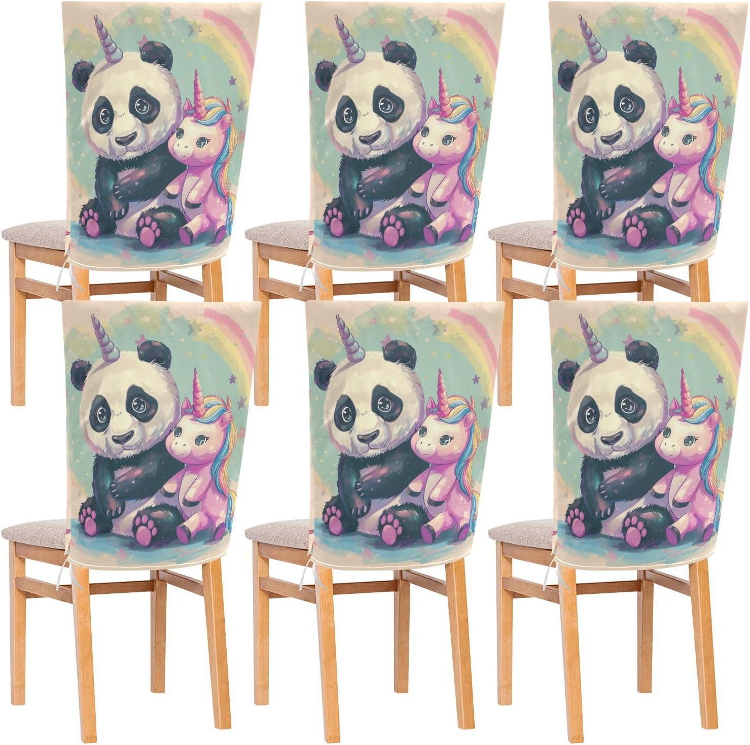ALAZA Panda and Cute Unicorn Chair Back Cover Set of 6, Washable Reusable Removable Chair Slipcovers Decorative Chair Cover for Home Kitchen Wedding Party