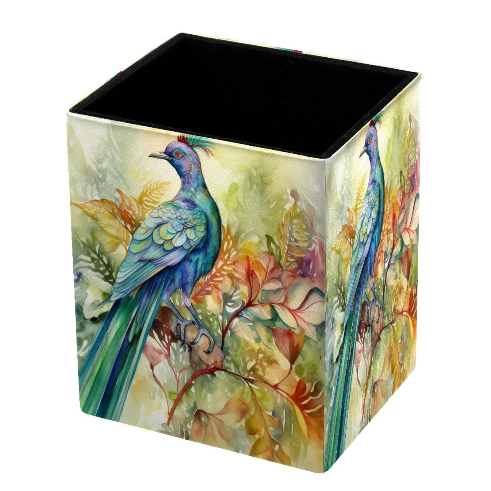 DragonBtu Desktop Pencil Holder, Watercolor Bird Rectangular Pencil Cup, Pencil Storage Bag Office Desk Supplies Case for School, Kids