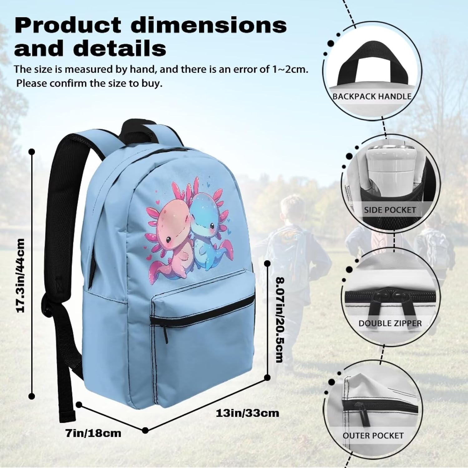 18-inch Cartoon Animal Theme Travel Backpack for Kids 10-12 14-16 16-18 Girls Boys Cute Axolotl Print School Bag Lightweight Bookbag Teens Double-Layer College Daypack