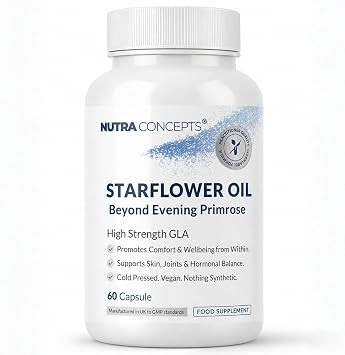 Cold Pressed Starflower Oil 1000mg - 60 Vegan Capsules - 20% GLA from Borage - Supports Hormonal Balance, Skin Health & Joint Comfort - Natural Source of Omega-6 - Made in UK