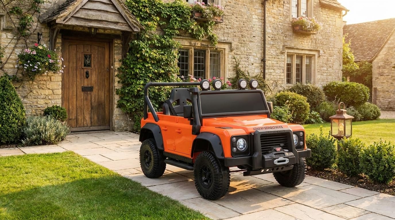 Elektryczny samochód dla dzieci Land Rover Defender 110 SVX 12V, pomarańczowy, skrzynia biegów 4X4, reflektory LED, zawieszenie przednie i tylne, pilot 2,4 GHz, wejście USB/Aux, Bluetooth, bateria