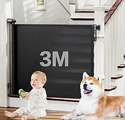 3m Portão Grade Retrátil de Proteção para Bebês e Cachorros, Portaozinho de Escada Instalação Sem Furos, Trava Dupla,Operação com uma mão,Portao Segurança Bebê Pet, Cercado para Cachorros（preto）
