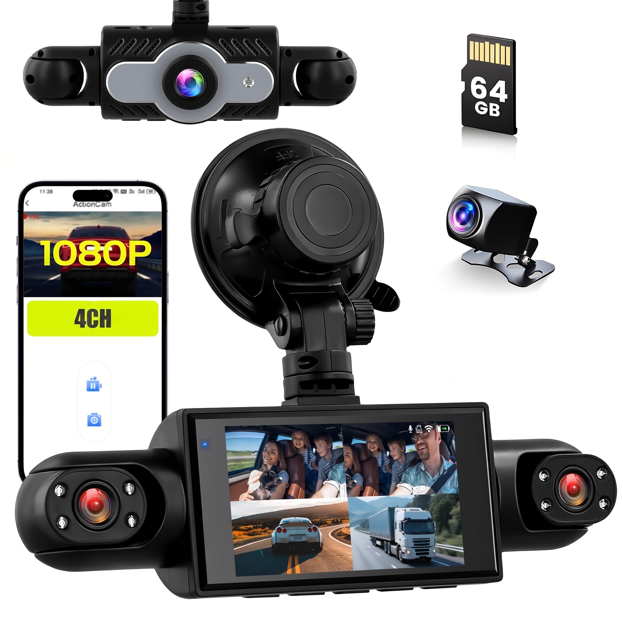 Inefala 360°Dash Cam 4 Canaux, 1080P Dashcam Voiture Avant Arrière Intérieur avec Carte SD 64G, Caméra Embarquée Voiture avec Enregistrement en Boucle G-Sensor Vision Nocturne Grand Angle 150°