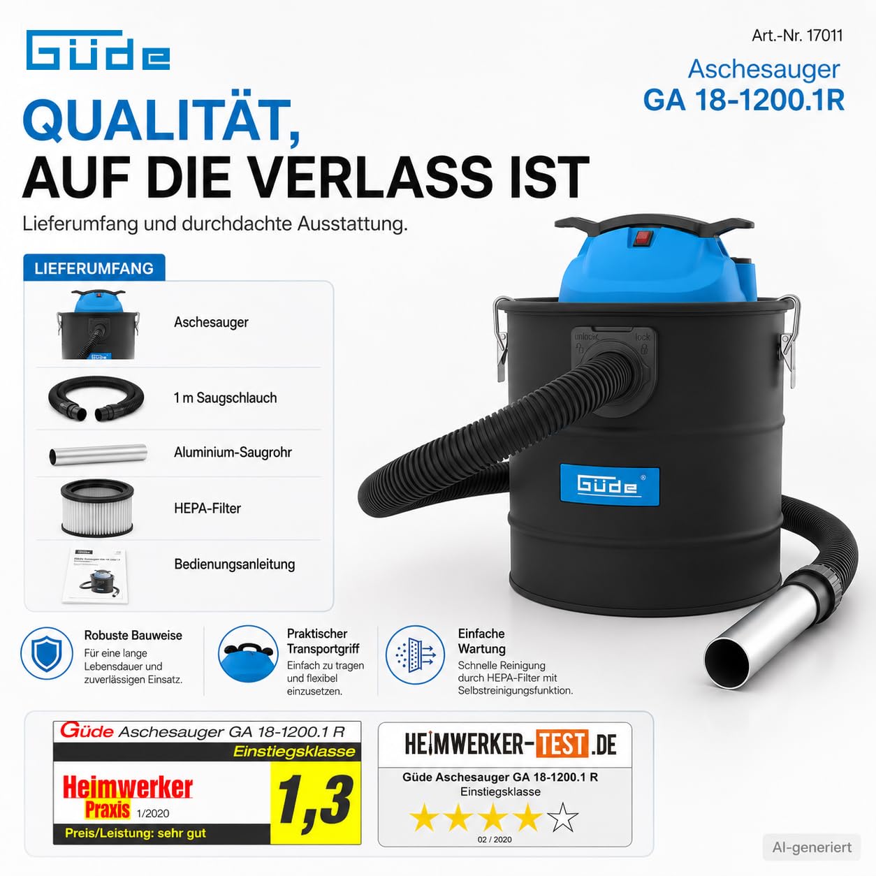Güde GA 18-1200.1R - Aspiratore per cenere, 230 Volt, 1200 Watt, 18 kilopascal, contenitore da 18 litri, con filtro HEPA, funzione autopulente, tubo di aspirazione in metallo e tubo di aspirazione in