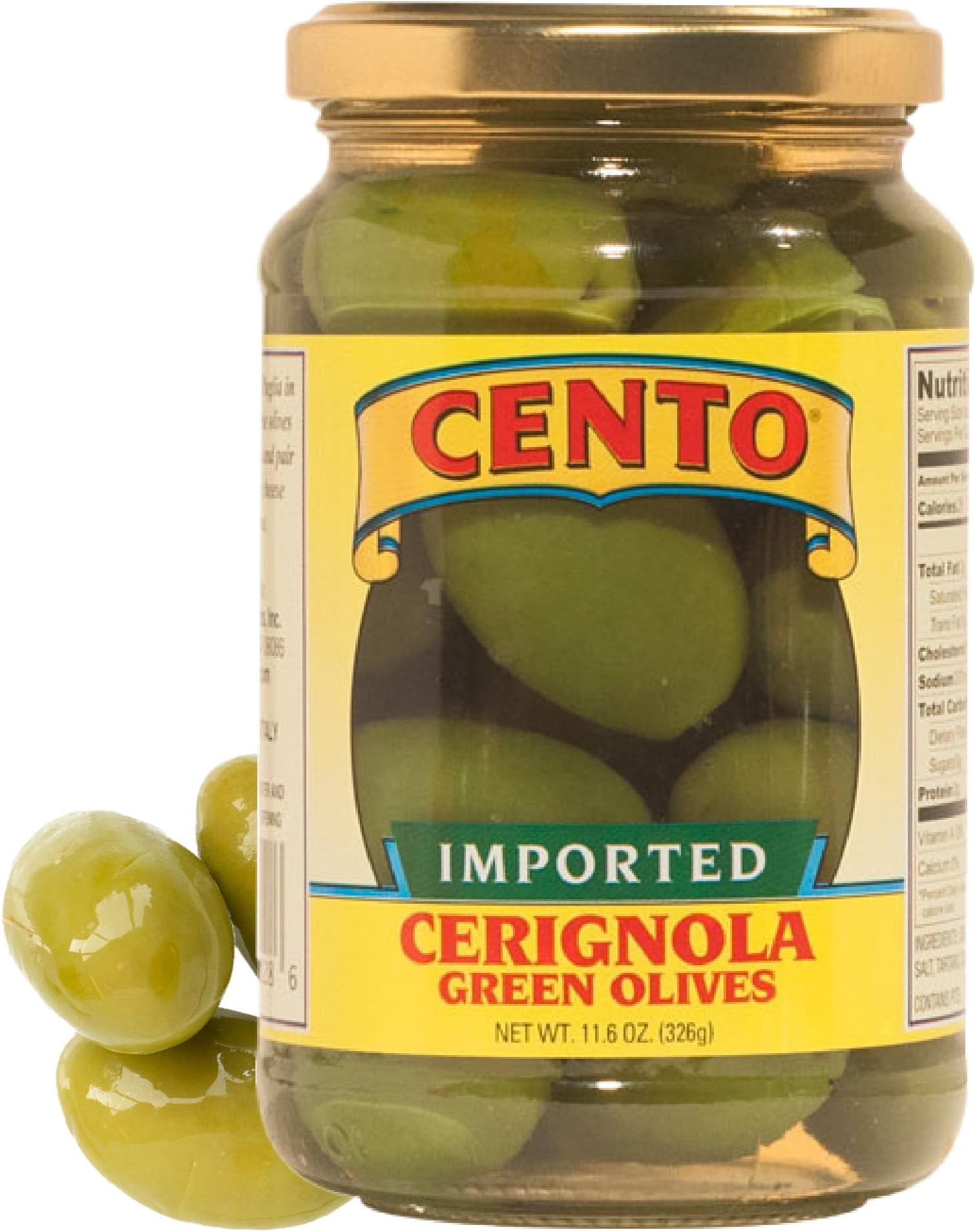 Cento Imported Cerignola Green Olives, 11.6 Oz, Whole Jumbo Italian Olives in Brine for Antipasto, Salad, Charcuterie Board, Bruschetta, Imported from Puglia, Italy - Gluten-Free, Non-GMO
