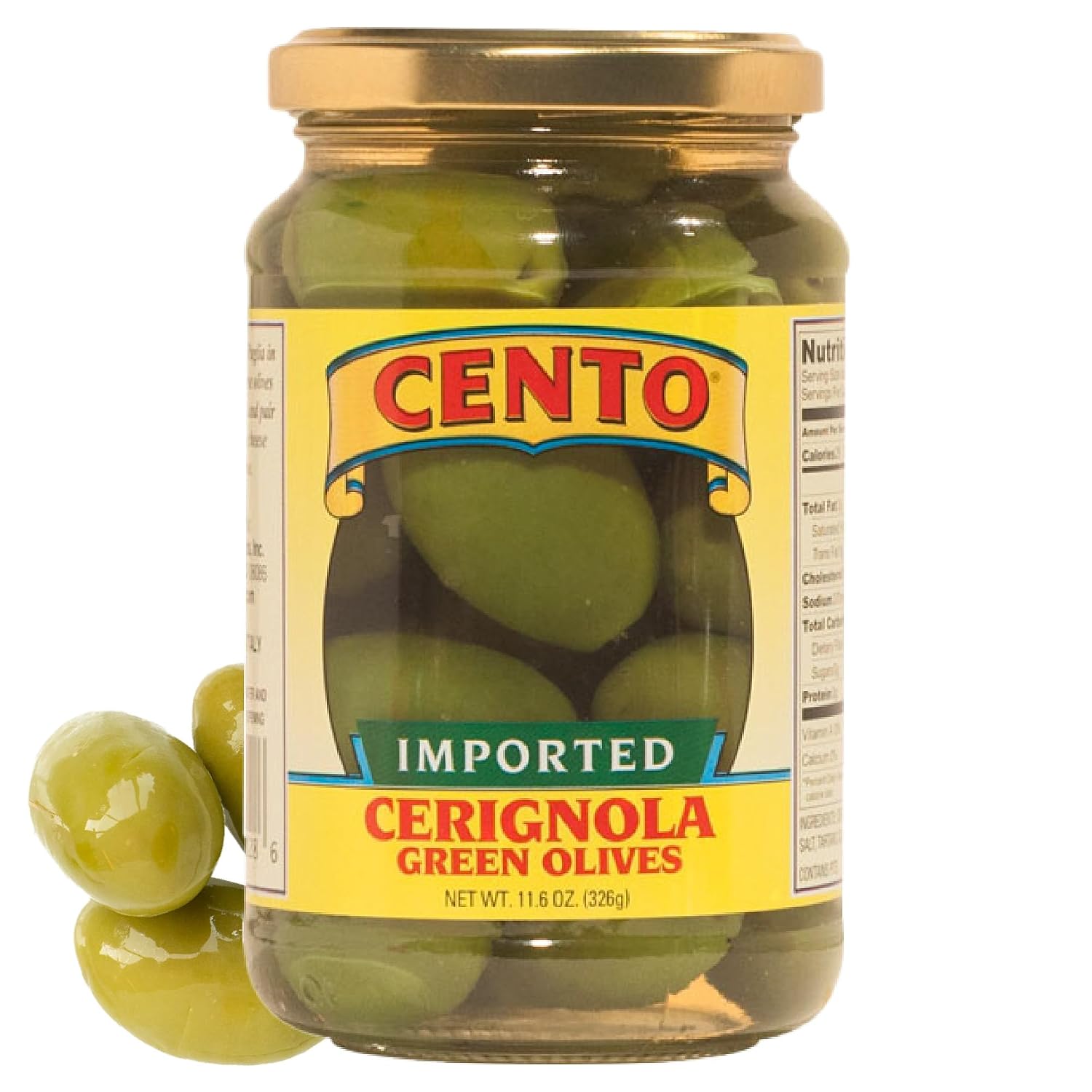 Cento Cerignola Green Olives, Jumbo, Imported from Puglia, 11.6 oz