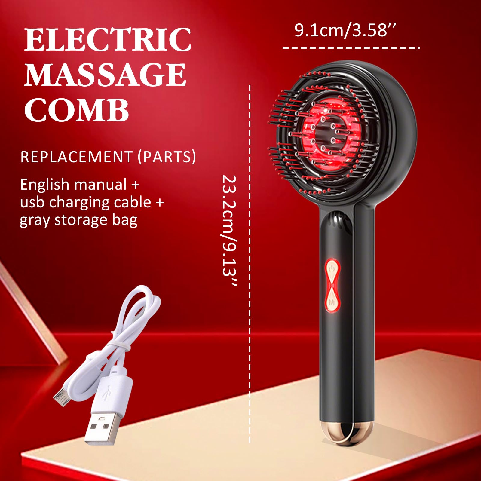 Masajeador de cabeza eléctrico, 2 en 1, masajeador de cuero cabelludo, 360 °, luz roja, peine de masaje eléctrico, masajeador de pelo, masajeador del cuero cabelludo con dispensador de aceite para el