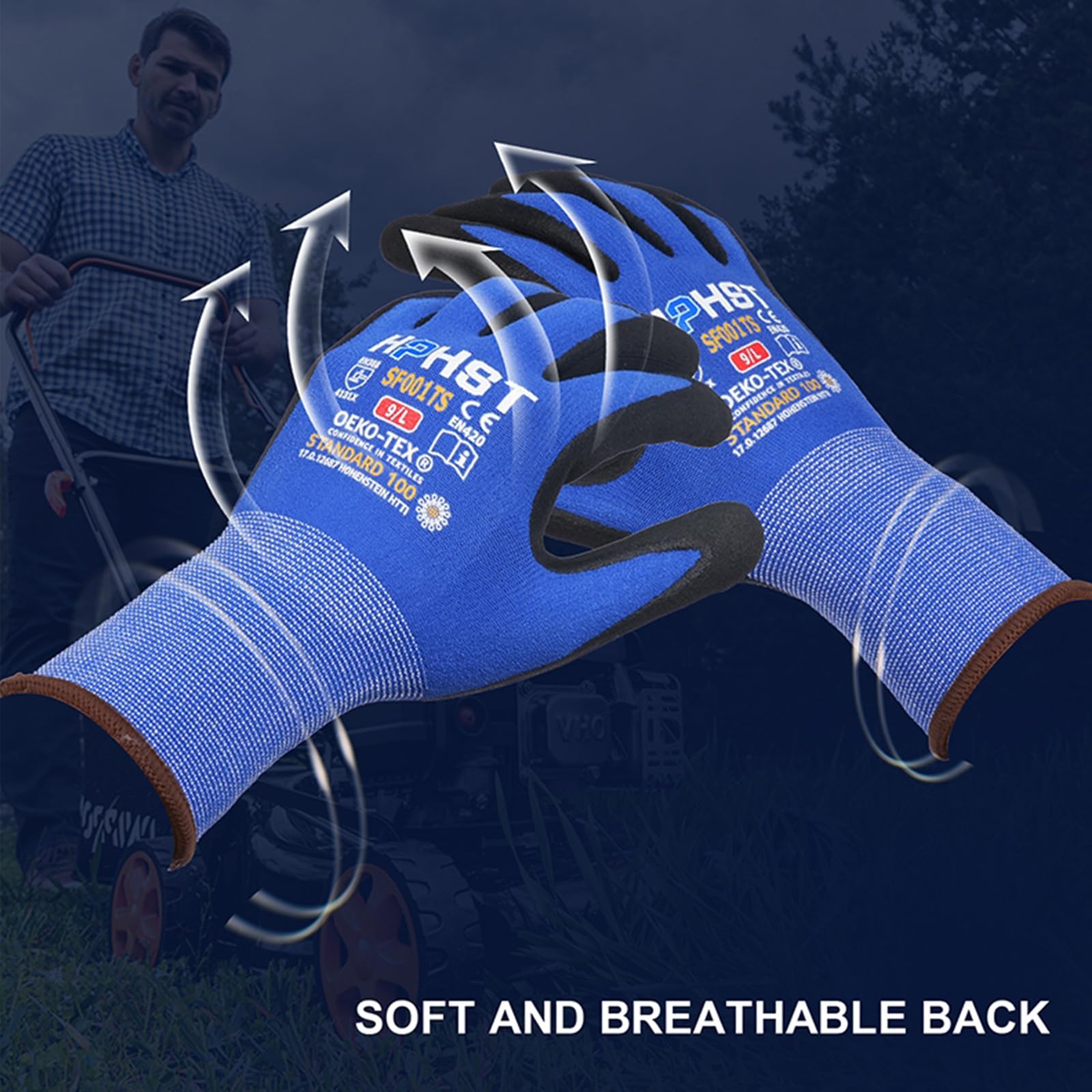 SF001TS Guantes de trabajo 12 pares de guantes de montaje para hombre y mujer, diseño ergonómico, guantes de jardinería, talla (XL, azul 12 pares)