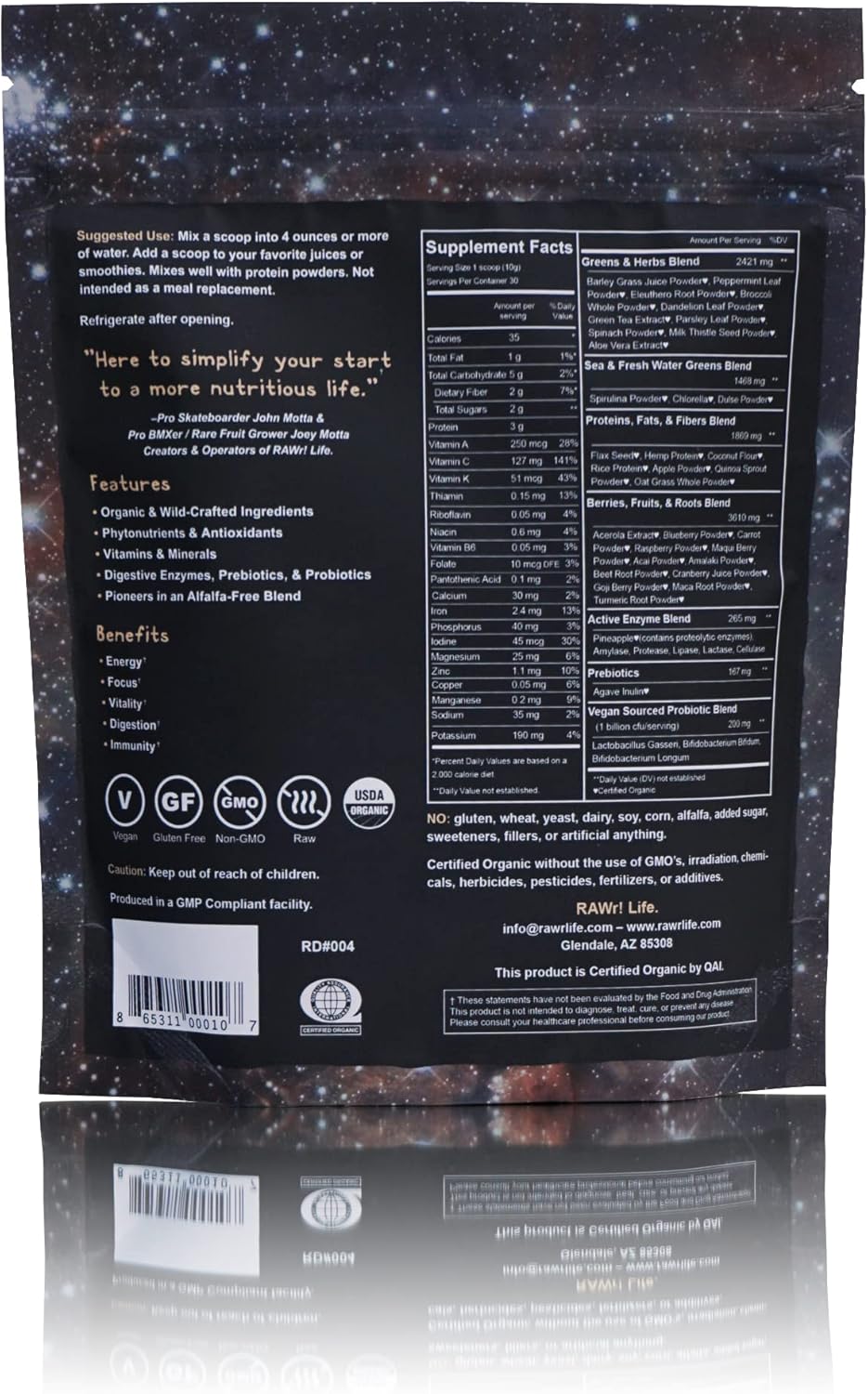 RAWr! Superfoods - w Digestive Enzymes Probiotics & Prebiotics Green Drink Powder - Certified Organic - Created by Pro Skateboarder John Motta & Pro BMXer/Rare Fruit Grower Joey Motta