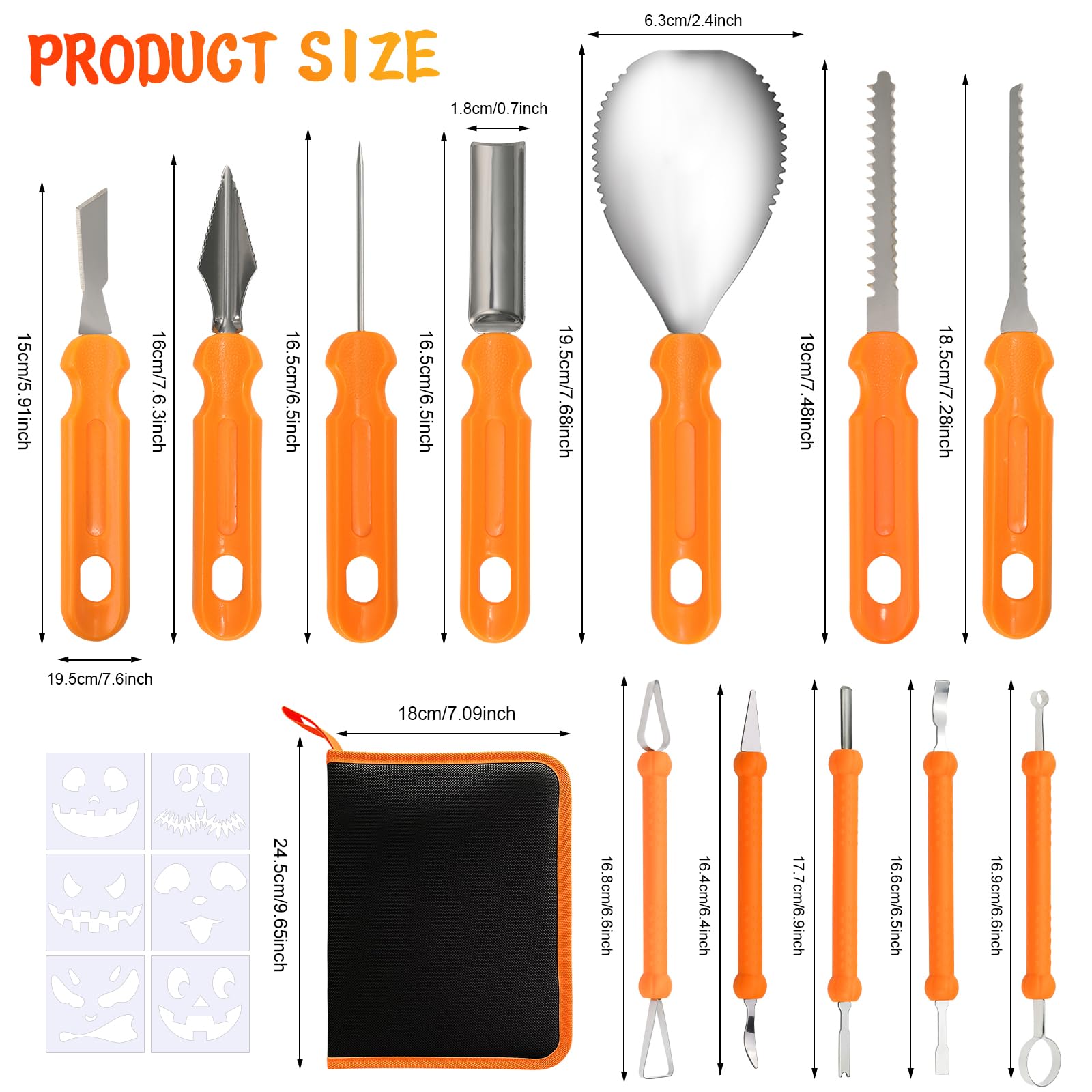 Kit de Calabaza Tallado de Halloween,Juego de Tallado de Calabaza de Halloween,Herramientas para Tallar Calabazas con Bolsa de Almacenamiento y 6 Plantilla de Grabado para Adultos Inoxidable