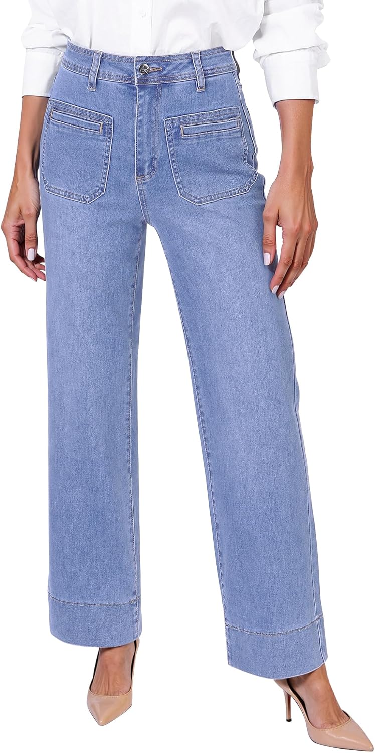 GRAPENT Wide Leg Jeans Woman Trendy High Waisted Patch Pocket Stretchy Denim Pants Vintage Casual Trouser Jeans