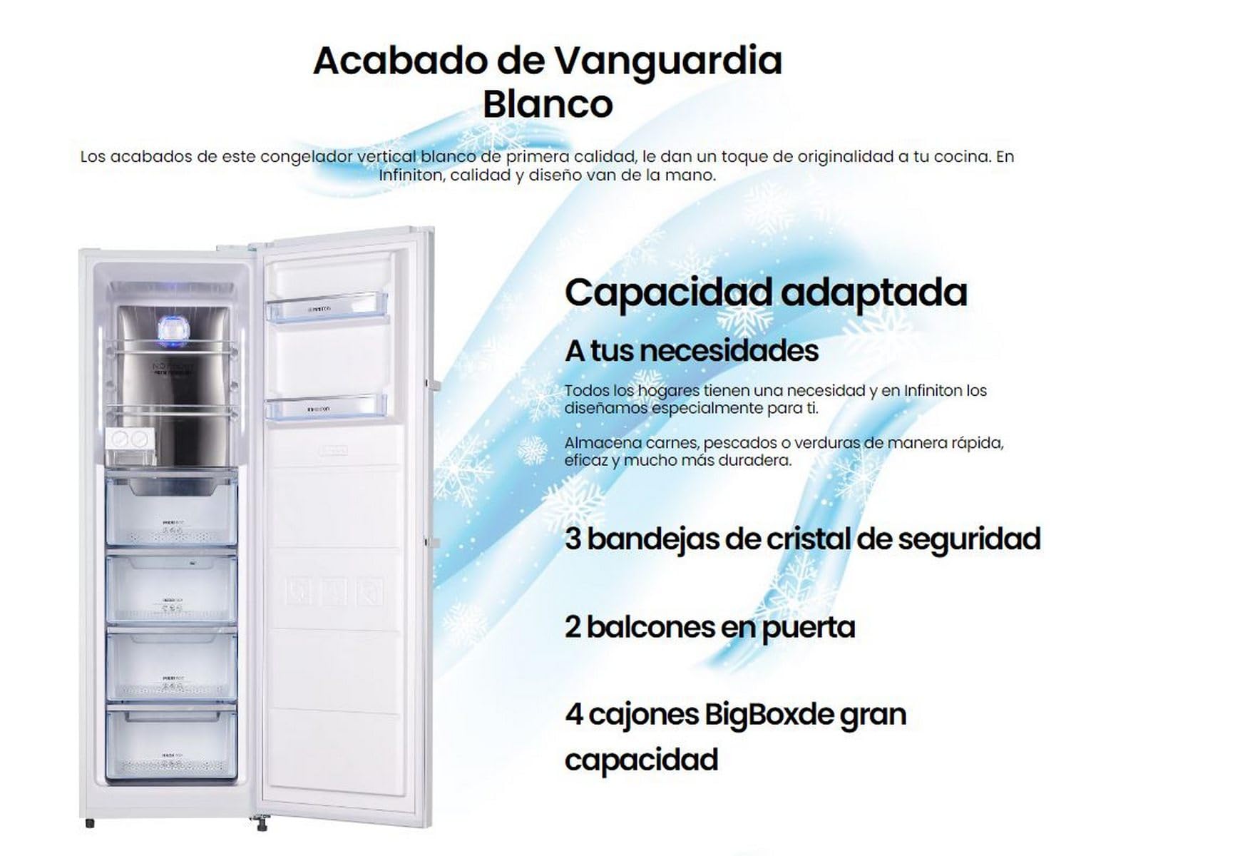 INFINITON Congelador Vertical CV-265L85, 282 Litros, 185 cm, No Frost, E, No Frost Technology, Fast freezing,Alarma óptica y acústica de puerta abierta, Fabricador de hielo (Blanco || CV-265L85WEM)