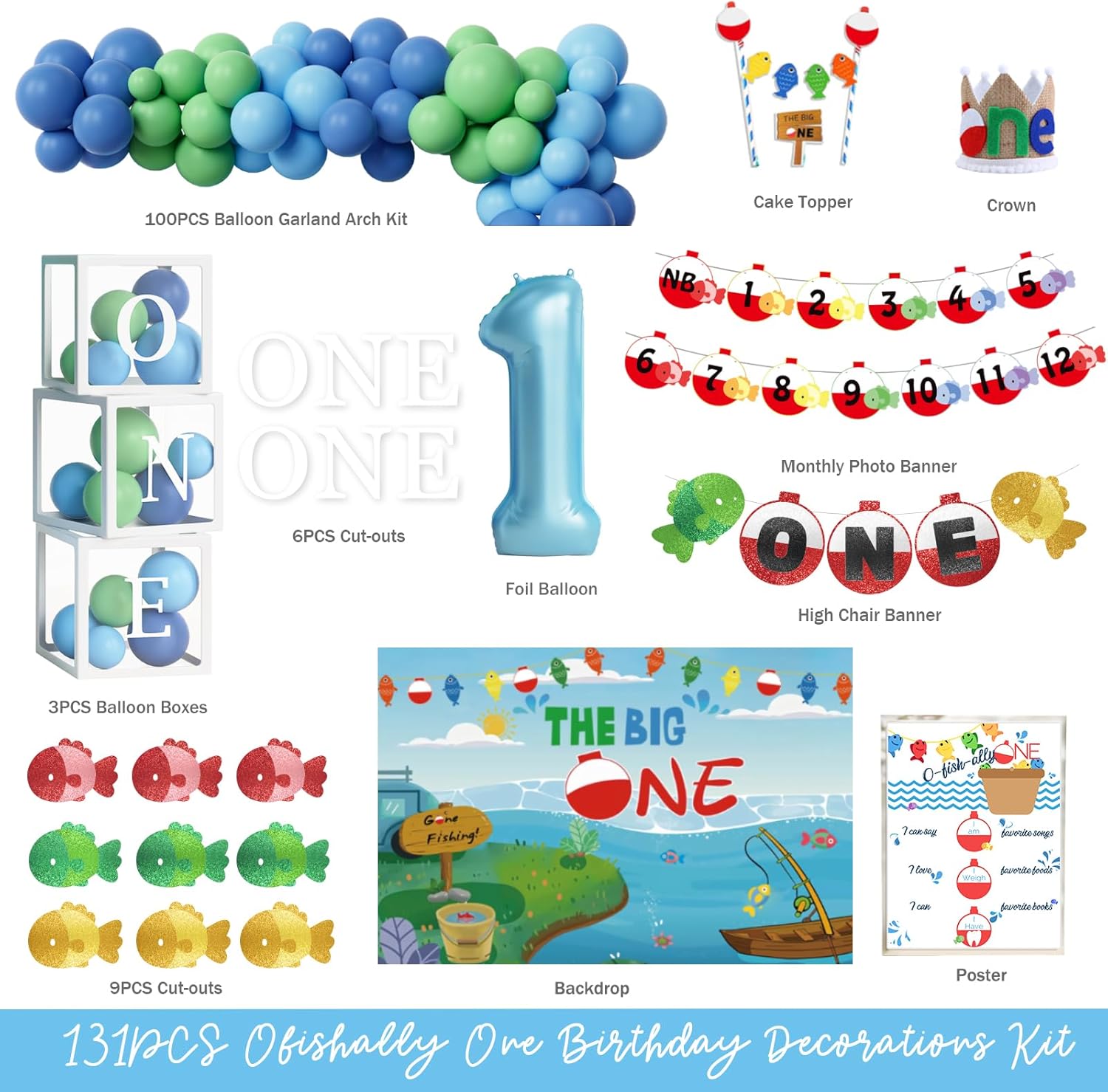 Hombae Ofishally One Birthday Decorations, Gone Fishing 1st Party Decorations Backdrop, The Big One Backdrop Balloon Photo Highchair Banner Box Cutout Crown Poster for First Birthday Party Supplies