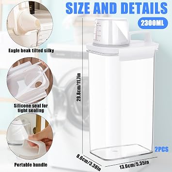 2300 ml Laundry Detergent Storage Box Pack of 2 Washing Powder Dispenser with Measuring Cup Detergent Box for Powder and Cereal Storage Detergent Dispenser Dosing Aid Liquid Detergent