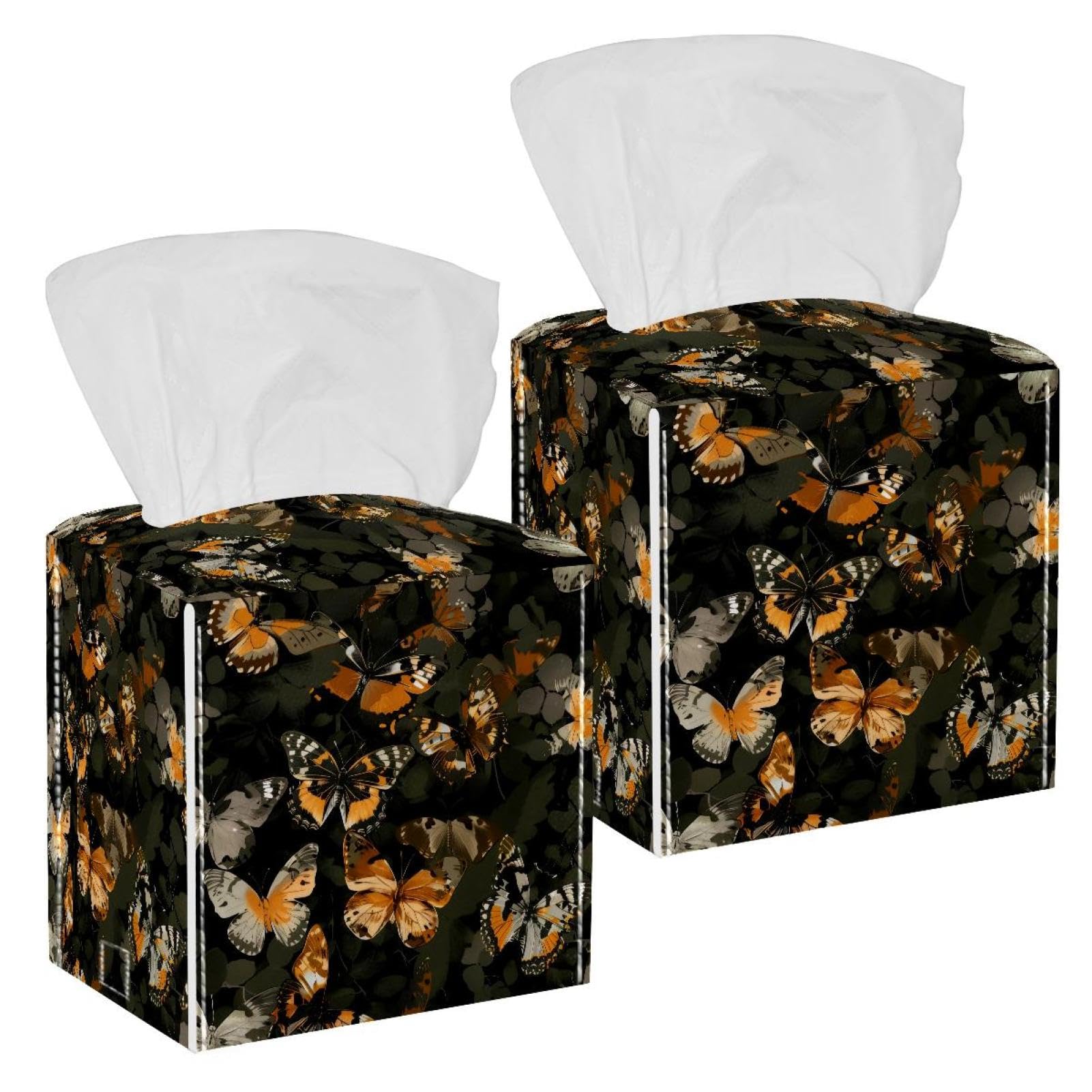 Camouflage Butterfly Tissue Box Cover, 2 Pack PU Leather Square Facial Tissue Dispenser Box holder for Home Office Car