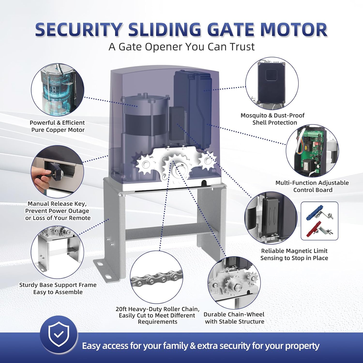 1400 lb Automatic Sliding Gate Opener for Sliding Gates Up to 40ft, Chain Drive Electric Slide Gate Motor with 2 Remote Controls, Complete Gate Operator Hardware Security System Kit