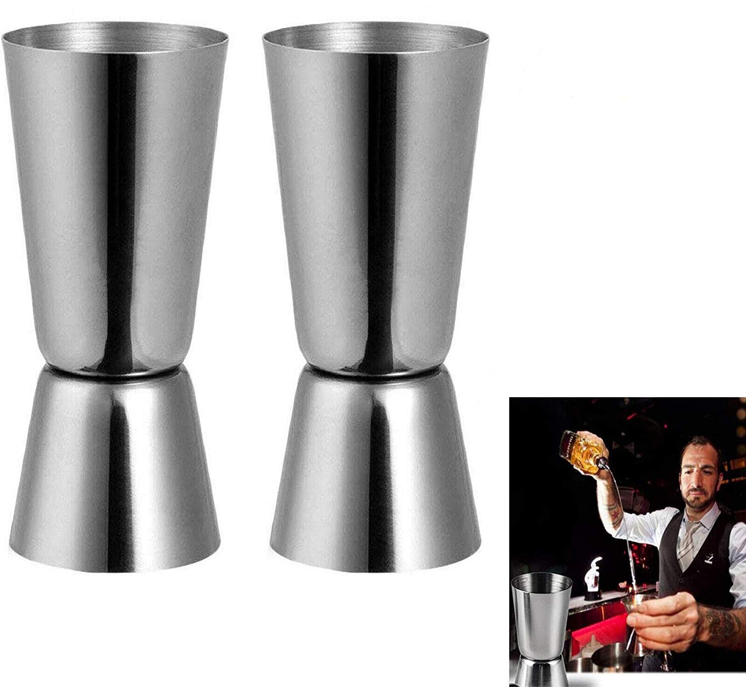 Jigger Set, 2 Pcs Satinless Steel Dual Spirit Measure Cocktail Jigger 60ml/30ml, Double Measuring Liquid Jigger Measure Cup, Steel Jigger Bar for Party,Home Bar (Silver)