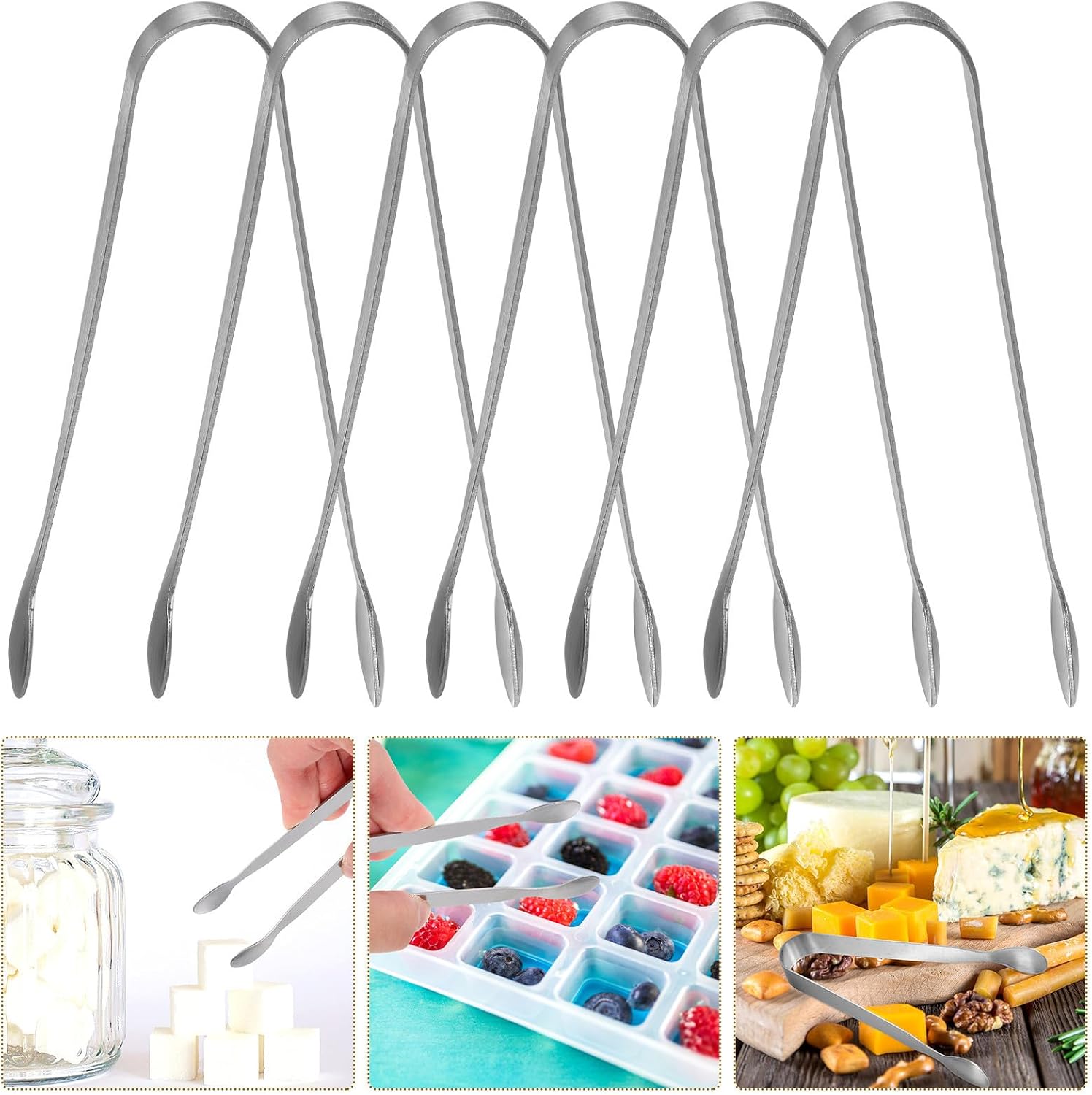 COLLBATH 6 Pcs Stainless Steel Mini Serving Tongs Ice and Sugar Cube Tongs Small Metal for Tea Party Coffee Bar Kitchen Use 11cm