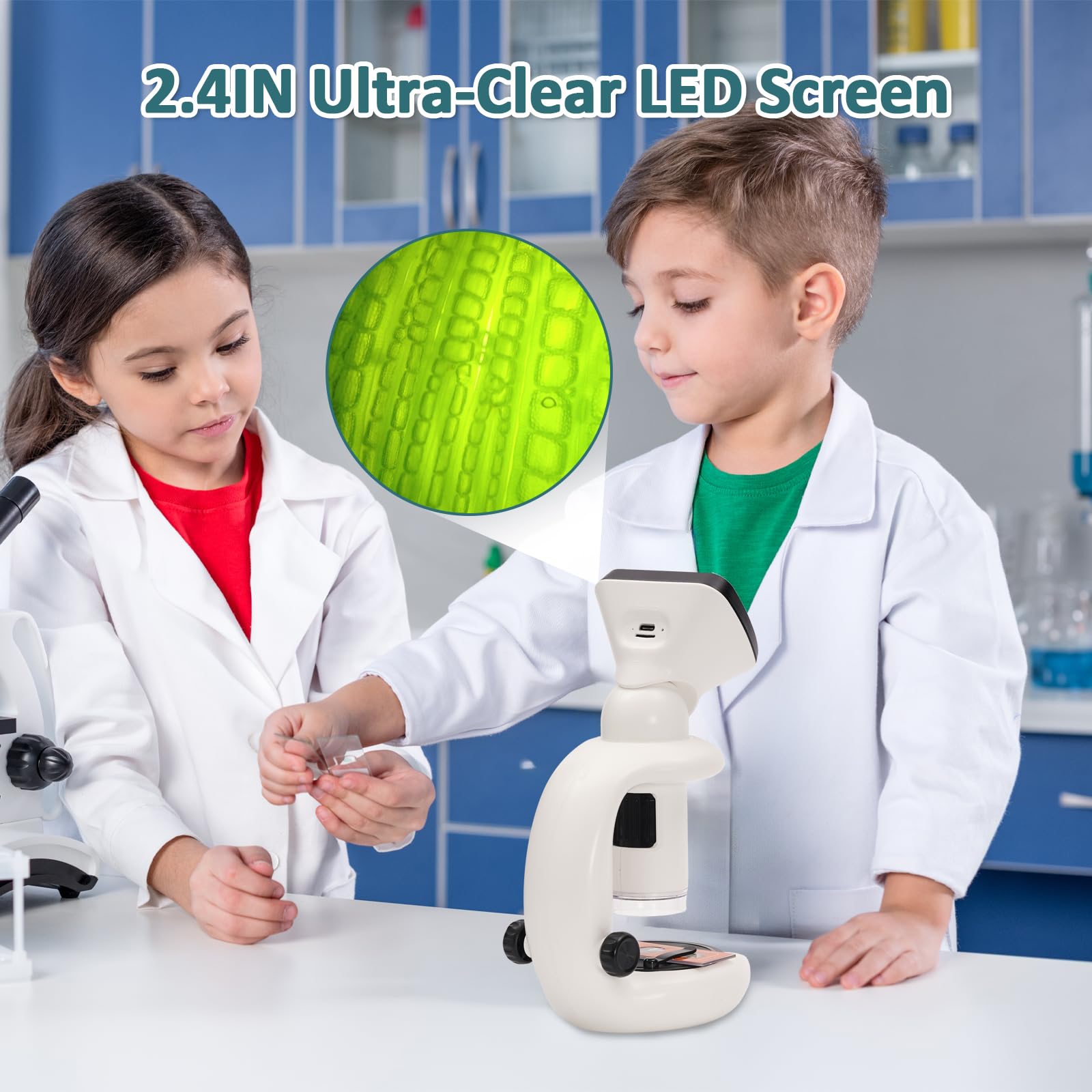 2en1 Microscopio para niños con Portaobjetos Microscopio, Microscopio Digital para niños Portatil con Pantalla LCD de 2,4 Pulgadas y Gran Aumento de 1000X.Regalo niño 3-8 años