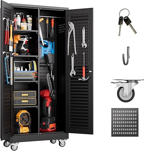 Miniatura 15 de Armarios de almacenamiento de metal con tablero de clavijas de puerta, armarios de almacenamiento de garaje con cerradura con ruedas para garaje
