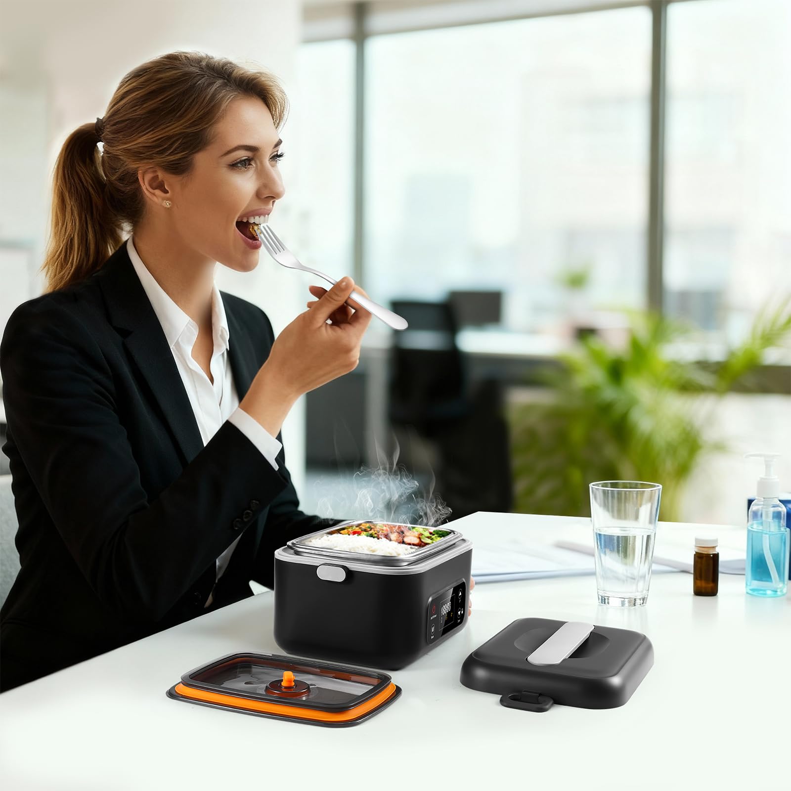 1 l beheizter Futternapf mit Akku, elektrische Lunchbox, kabellos, für Erwachsene, 16000 mAh, wiederaufladbar, beheizte Lunchbox mit Timer für Reisen, Büro, Picknick (schwarz)