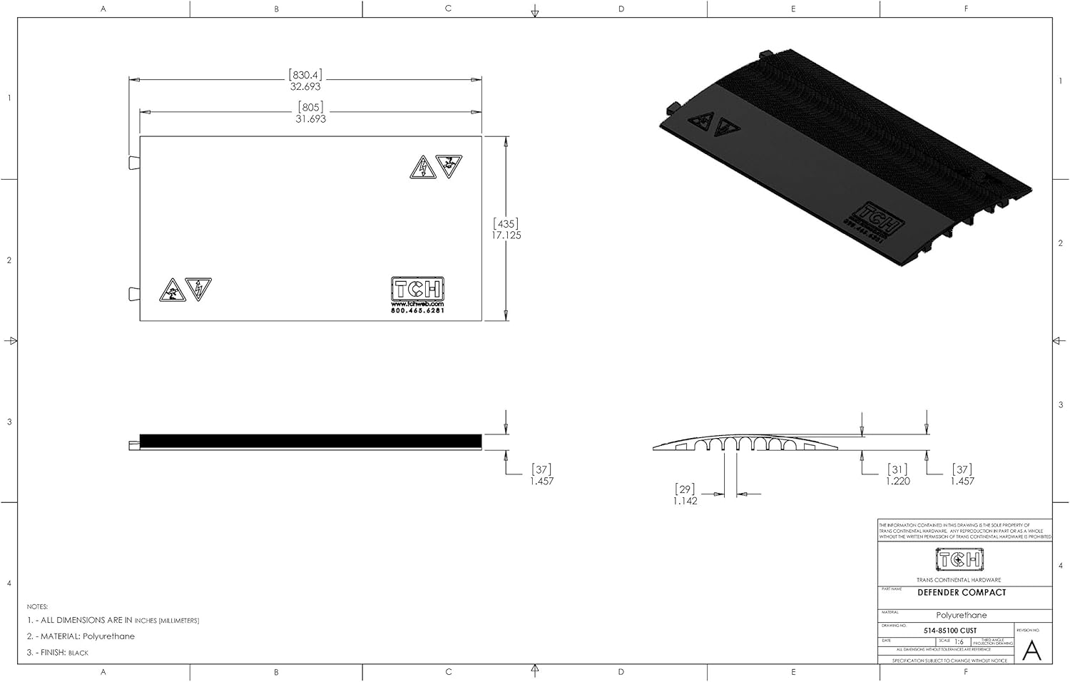 TCH Hardware Defender Compact Floor Cable Protector Ramp - 7 x 1 Ducts - 32" Long x 17" Wide