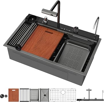 Mocoloo 30 Inch Black Honeycomb Waterfall Kitchen Sink Drop in, 30x19 Inch Stainless Steel Workstation Sink 16 Gauge Topmount Single Bowl LED Display Sink with Complete Kit