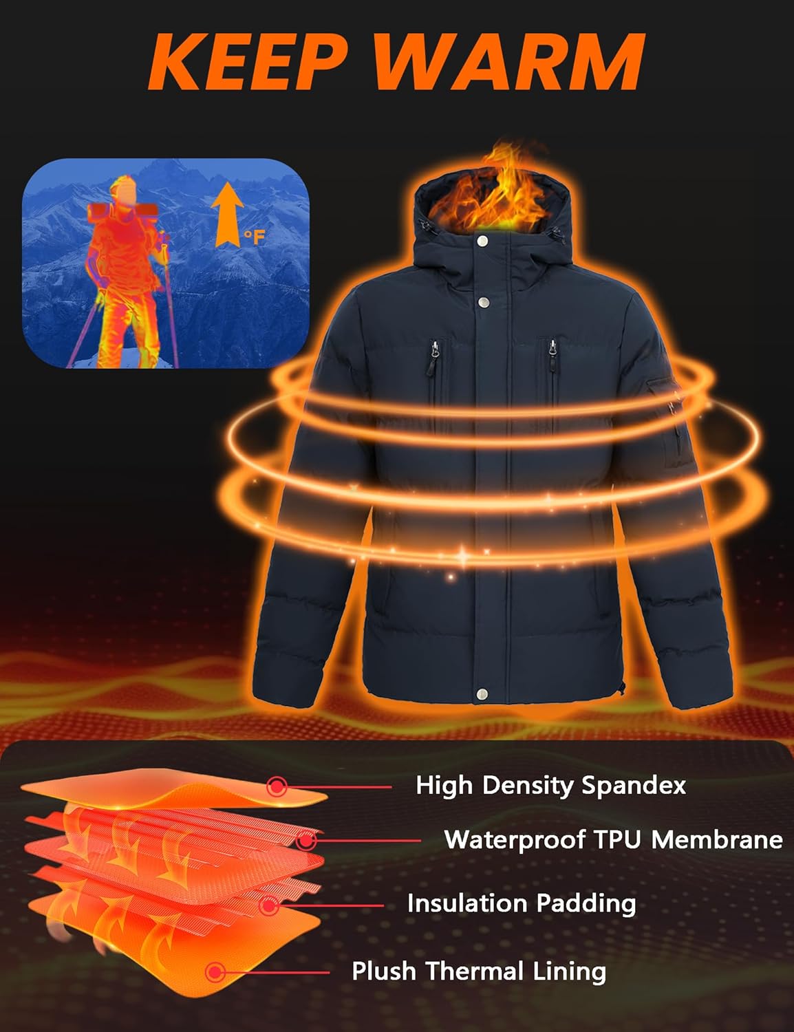 LZACTOIN-X Men's Winter Coat Thicken Insulated Waterproof Puffer Jacket Hooded Windbreaker Parka With Multi-Pockets - Image 3