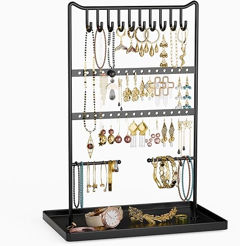 bussdis Organizador de joyas, soporte para aretes, soporte para pulseras, organizadores de exhibición y almacenamiento de collares, torre negra con
