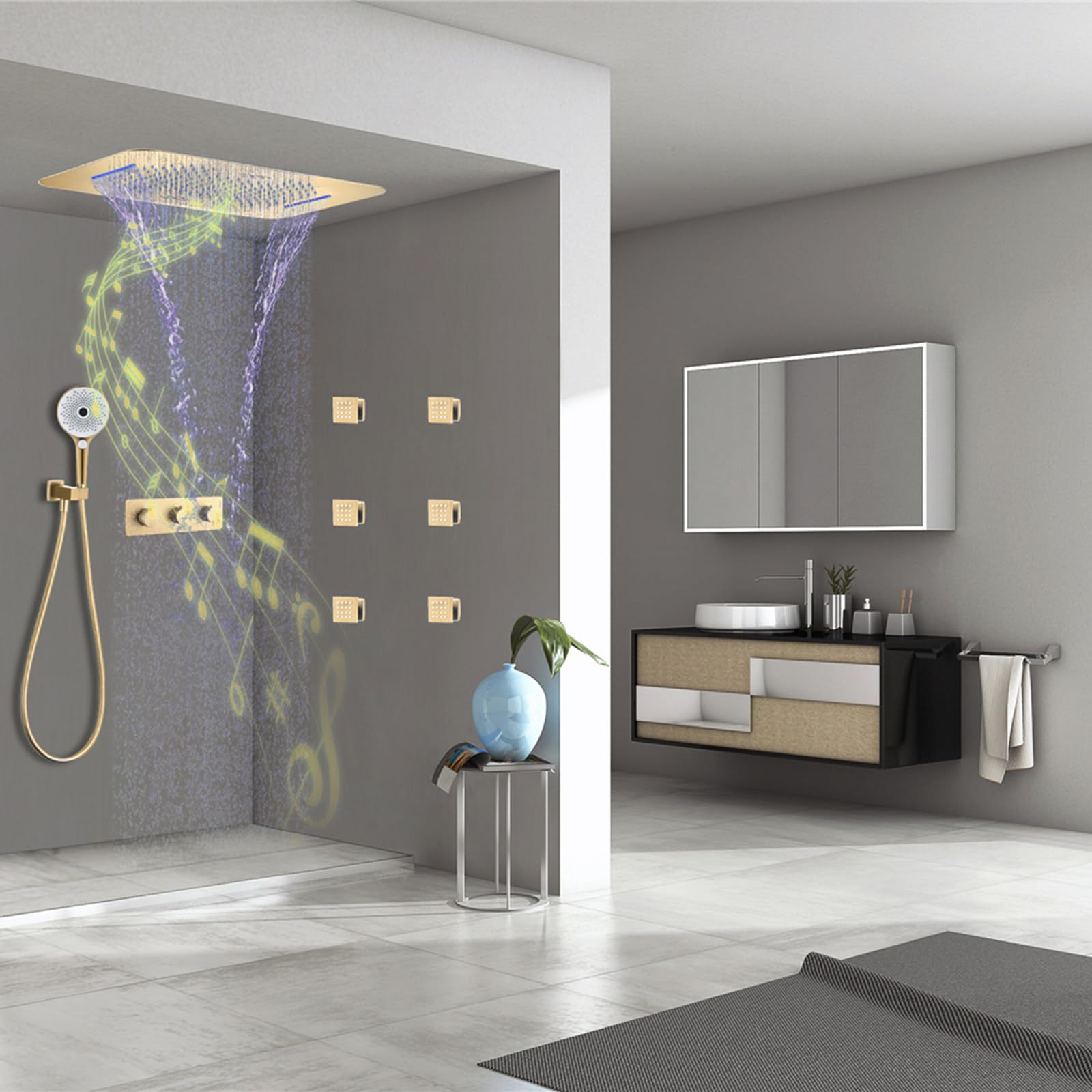 Termostatyczny system prysznicowy, zestaw prysznicowy z muzyką Bluetooth, 58 x 38 cm, system prysznicowy z deszczownicą ręczną, 6 zestawów armatury spa Body Combo